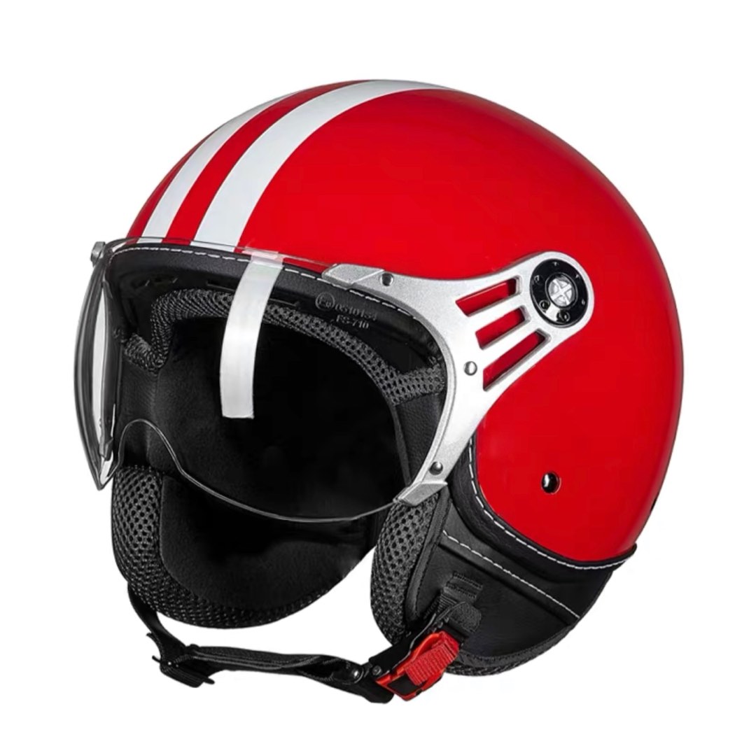 Red with White Stripe Retro Open Face with Lens Fighter Motorcycle Helmet Pilot Jet Aviator