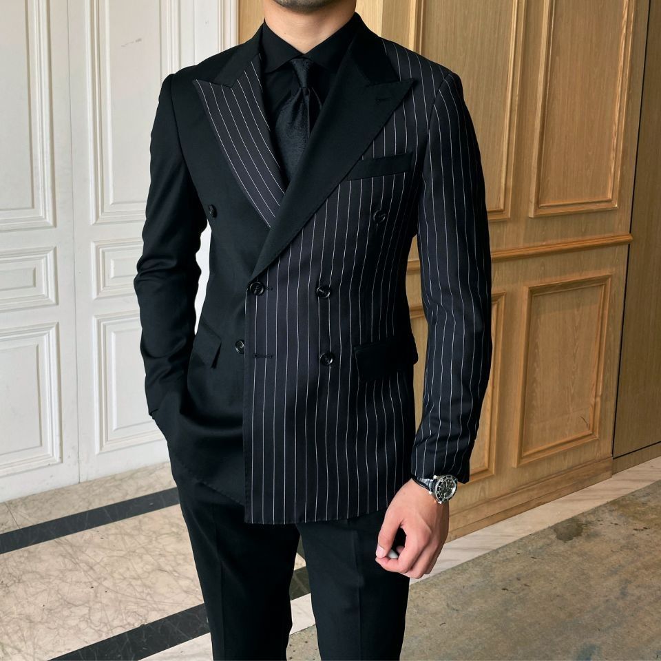 Grey Striped men suit black grey suit double breasted suit 2pc