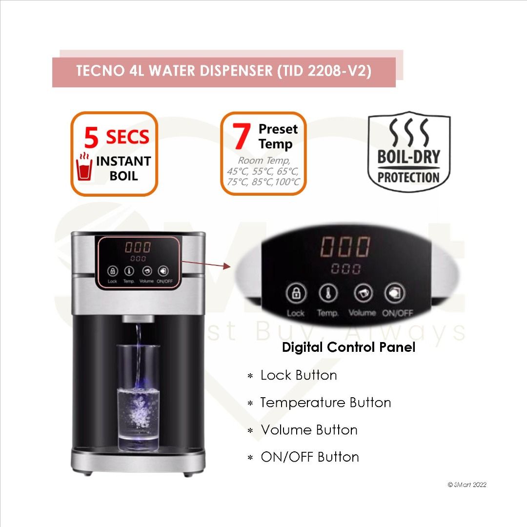 Tecno 4L Instant Water Dispenser TID2208V2 TID4008, TV & Home