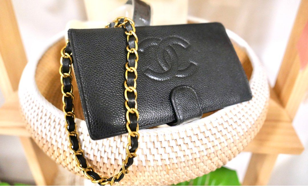 15 off New Year Sale Vintage Chanel Wallet with Embossed Double C Logo with original box and non branded strap
