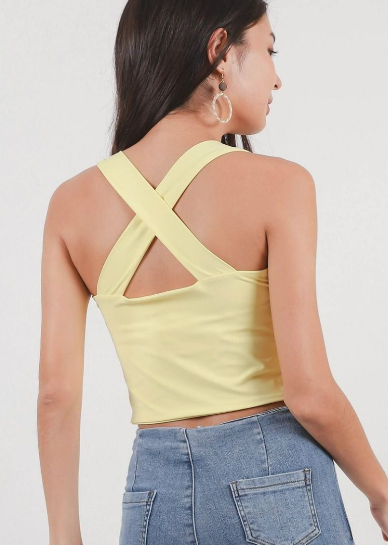 6Style Aurelia Halter 2 Way Cross Top In Sunshine Yellow, Women's Fashion, Tops, Sleeveless on