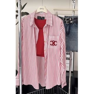 韓版 質感C翻完紅色條紋涼感挺版襯衫 兩件組 紅短版背心+紅色翻玩襯衫 兩穿 可單穿 內搭