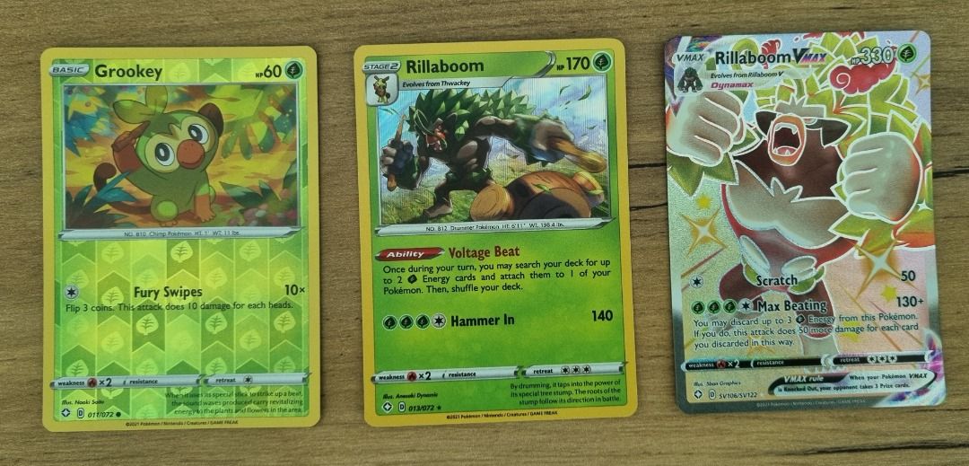 Pokemon Cards  Grookey - 11/72 / Rillaboom - 13/72 / Rillaboom VMAX -  SV106/SV122 - Holo / Reverse Holo - Shining Fates, Hobbies & Toys, Toys &  Games on Carousell