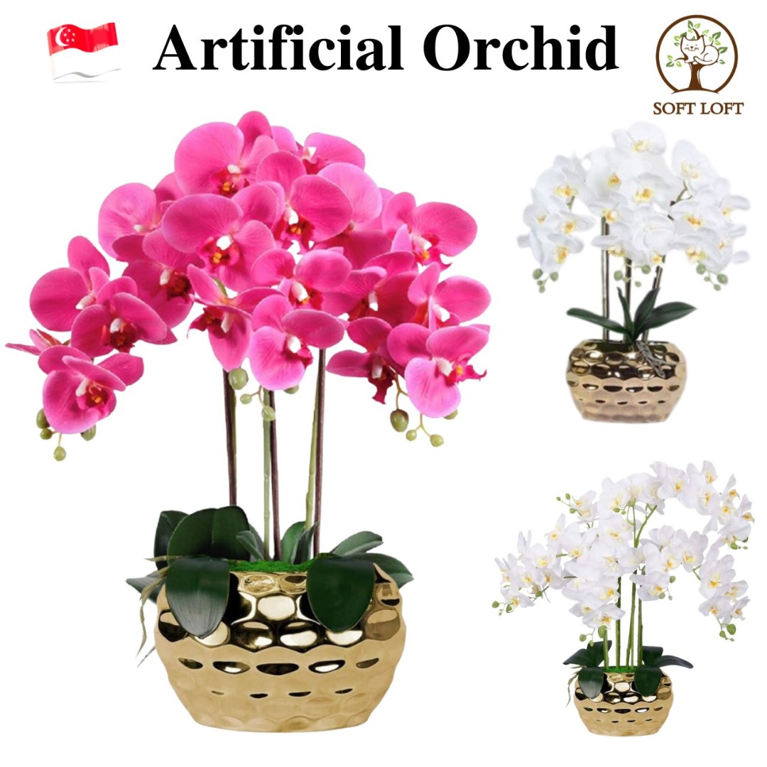 Artificial Orchids Flowers in Gold Pot Fake Orchid Plants, Home Office