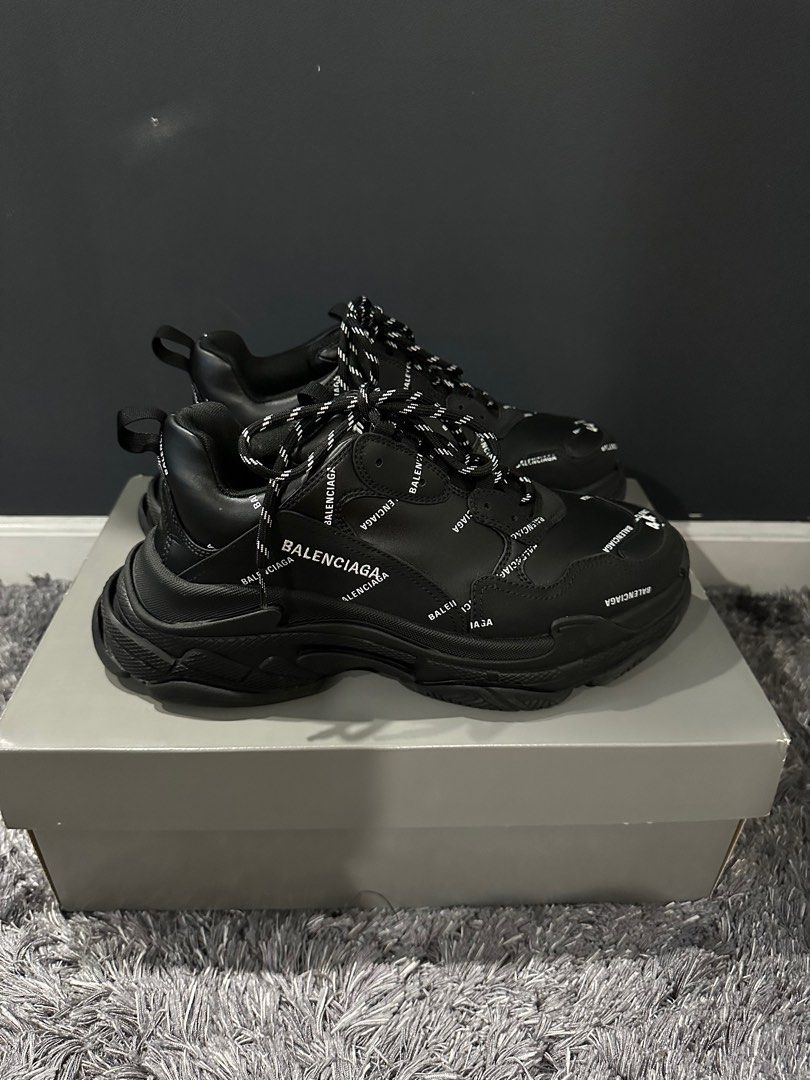 Balenciaga Men's Triple S Sneakers All Over Logo in Black/White, Men's  Fashion, Footwear, Sneakers on Carousell