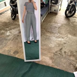 BEST SELLER Celana Zara Belt Houndstooth Highwaist Kerja Bahan Korean Office Pants