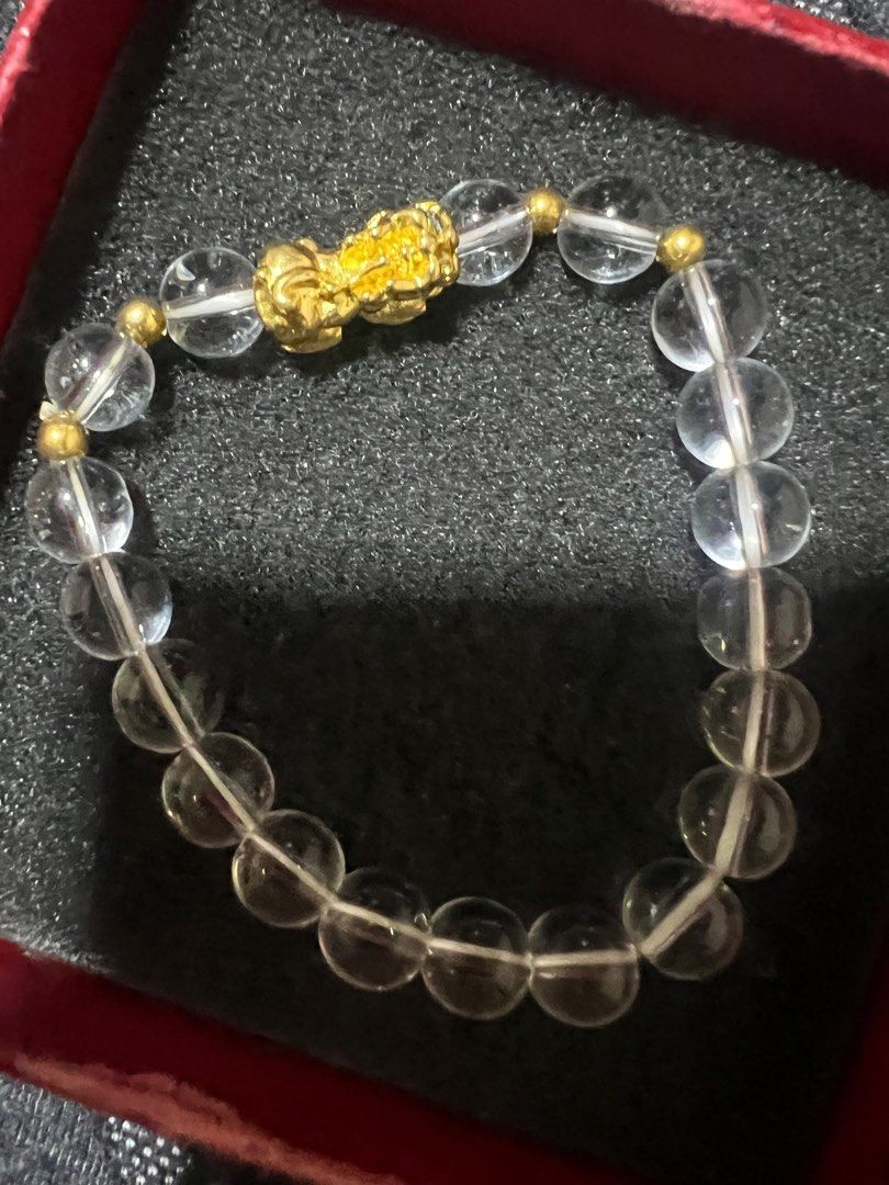 Clear quartz crystal bracelet with gold plated pixiu wt gm size