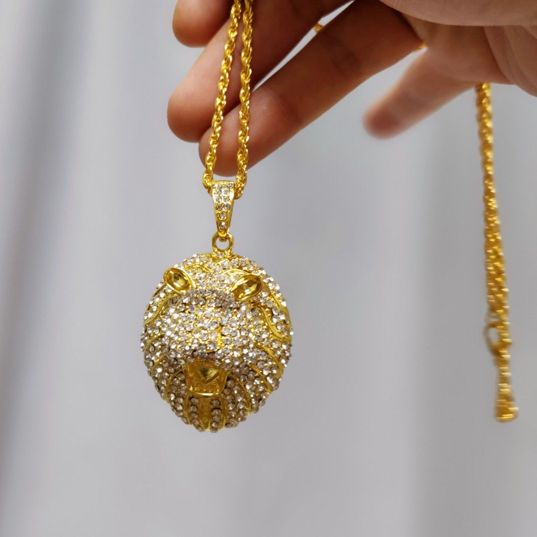 D KING S REIGN L4.5 H6 Like Real Diamond Heavy Gold Chain L52 cm Roaring Lion Head Pendant Necklace Hip Hop Animal Unisex Women Men Jewellery