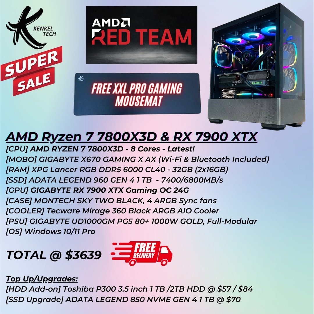 Fastest amd team red custom gaming pc ryzen 7 7800x3d radeon rx