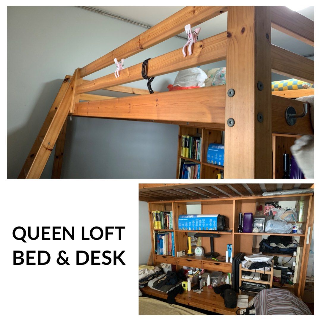 Free Wooden Queen Loft Bed & Desk, Furniture & Home Living, Furniture