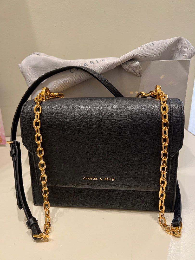 CHARLES & KEITH Front Flap Chain Handle Crossbody Bag, Black