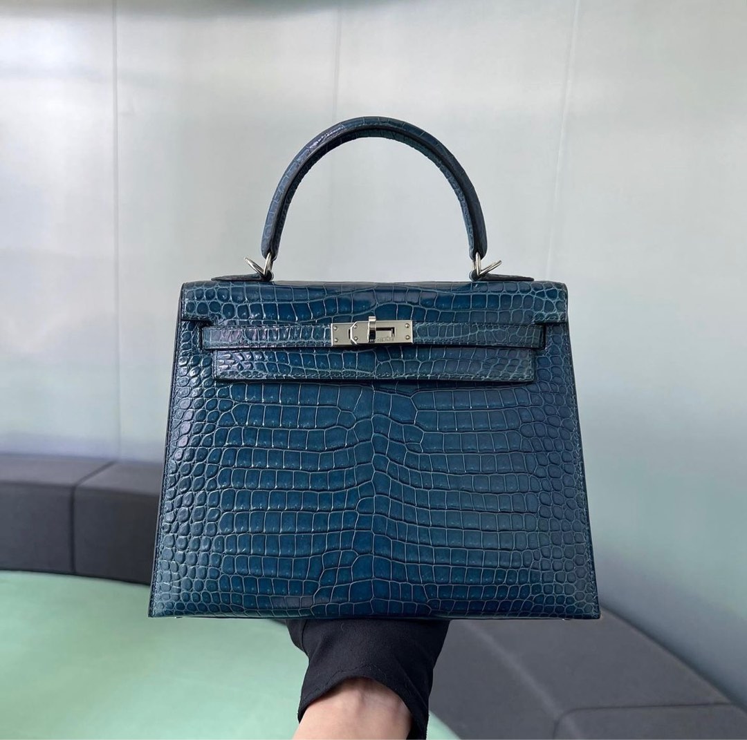 Hermes Kelly 25 Shiny Porosus Blue Roi Phw, Luxury, Bags & Wallets on ...