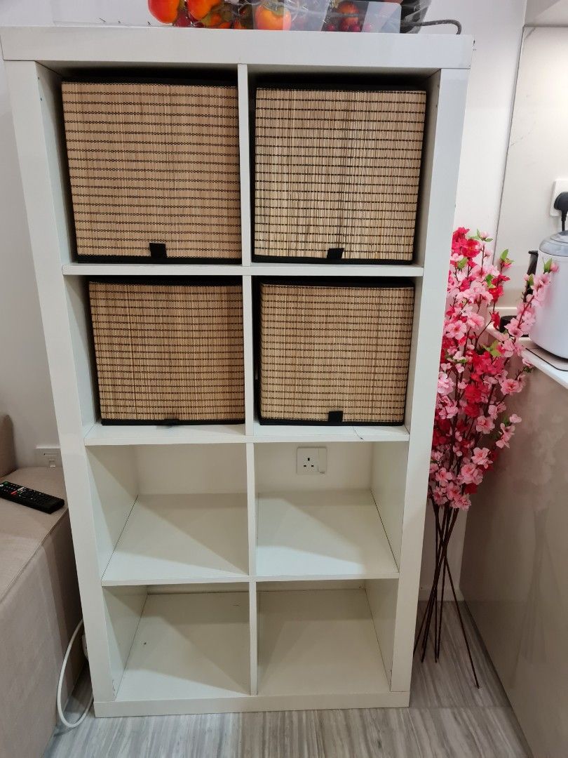 IKEA Bookshelf / Rack (White) with 4 IKEA rattan storage box, Furniture