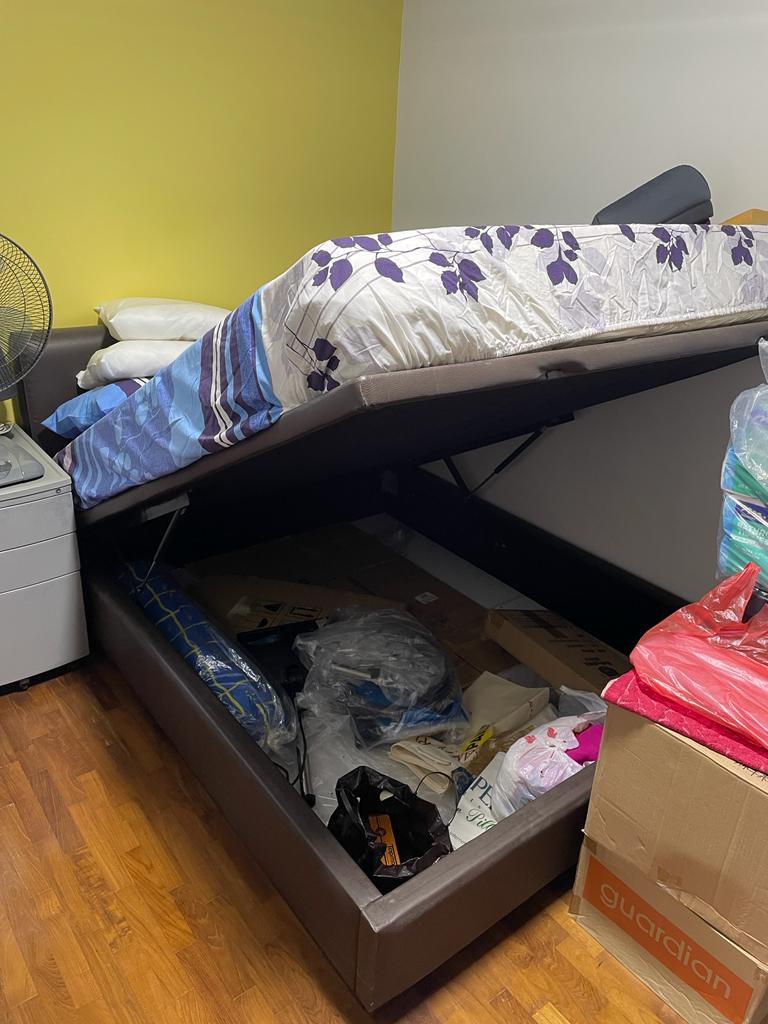 Lightly used queen size storage bed with mattress, Furniture & Home