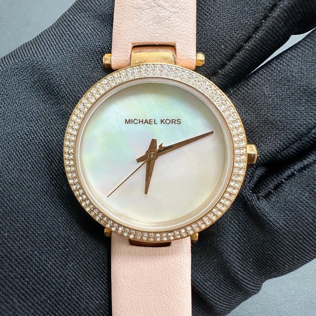 MICHAEL KORS MINI PARKER MOTHER OF PEARL DIAL SWAROVSKI CRYSTALS PINK LEATHER WATCH MK2590