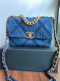 Chanel Mood Denim Mini Bucket Bag with Chain Blue Gold Hardware