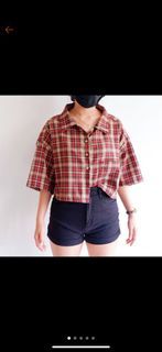 Plaid Loose Buttondown Cropped Top