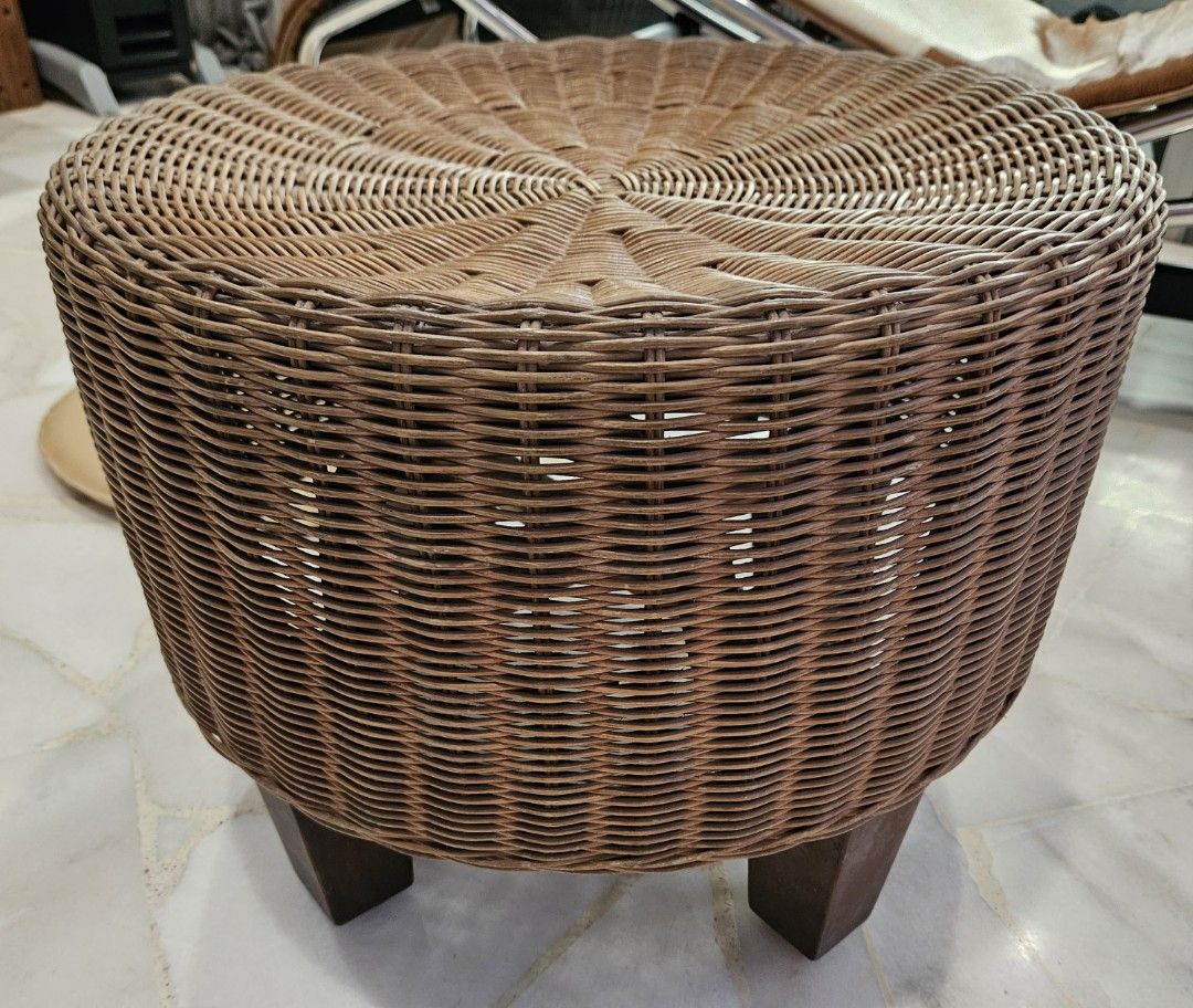 Round Ratta Stool Rattan Round Stools with new Leather Seat Cushion, Furniture & Home ...