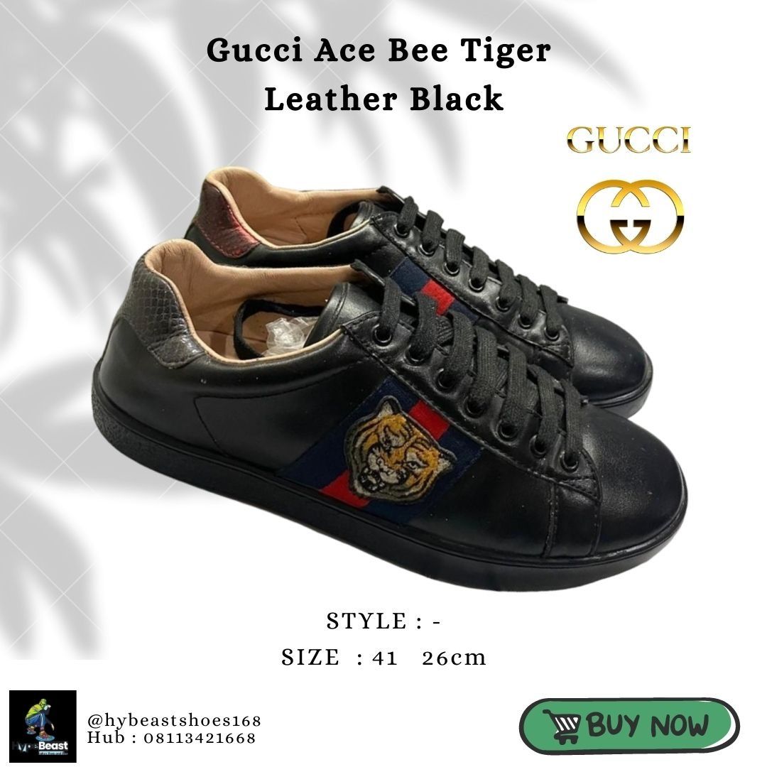 Sepatu Gucci Ace Bee Tiger Leather Black Ukuran 41 (26cm), Fesyen Pria,  Sepatu , Sepatu Formal di Carousell
