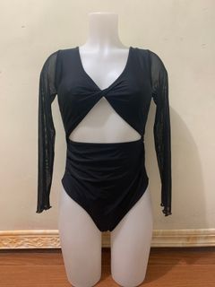 Shein Black Backless One Piece Sheer Mesh Long Sleeve Swimsuit (Bikini High Waist Underwear)