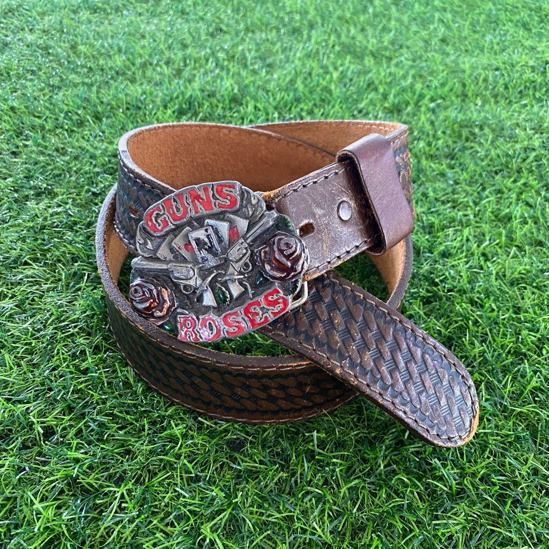 Vintage Guns N Roses Brass Buckle Belt Genuine Leather Brown Men s Fashion Watches Accessories Belts on Carousell