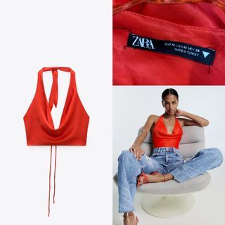 ZARA SATIN COWL NECK HALTER TIE BACK TOP
