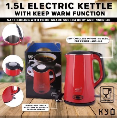 1.5L Electric Kettle Double Wall Stainless Steel Keep Warm