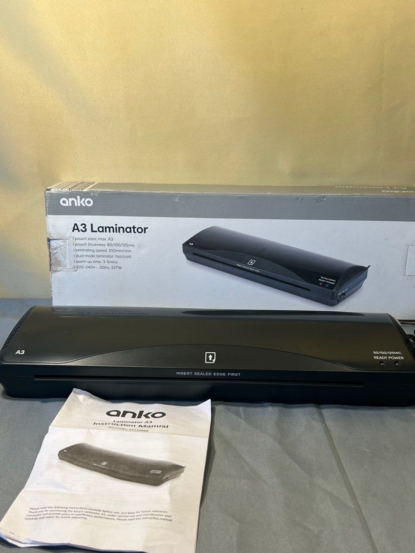 A3 Laminator (Category: Printers, Scanners & Copiers) located in Quezon City. Submitted by lucas_luxuries (Listing ID 1224503353, Image 2). Description: Create professional laminated documents with our A3 laminator that features dual mode lamination. Product Details Dimensions/Size: 6.8cm (H) x 51.9cm (W) x 17.9cm (D) Power source: 220-240V, 50Hz, 227W Product weight: 1.43 kgs Colour: Black Features Pouch sizes: max A3 Pouch thickness: 80/100/125
