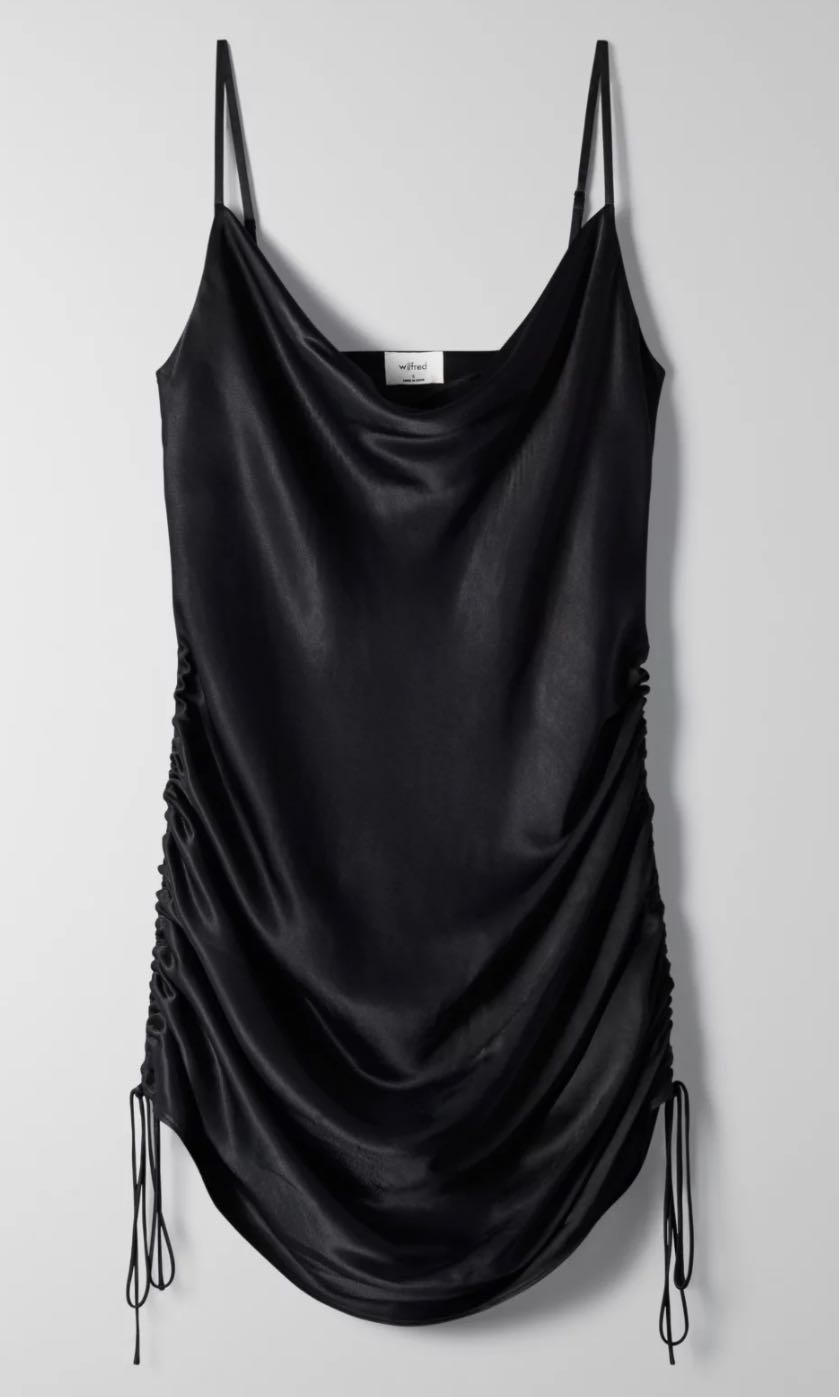 Aritzia black satin cowl neck mini slip dress, Women's Fashion, Dresses