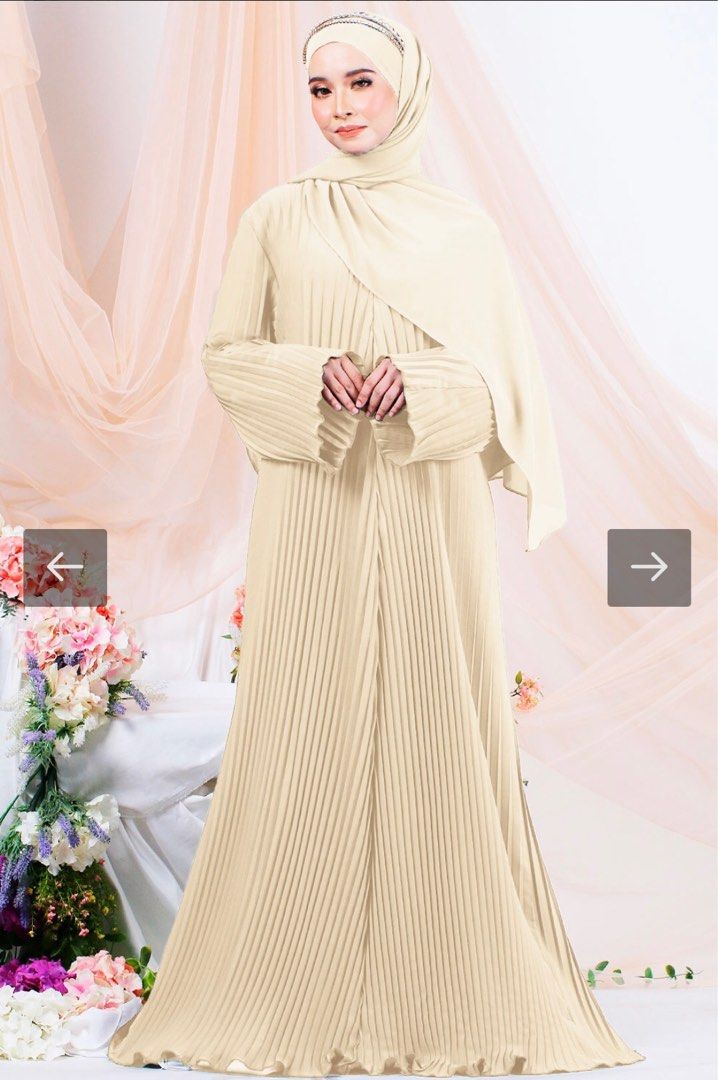 Beige pleated abaya nursing friendly Women s Fashion Muslimah