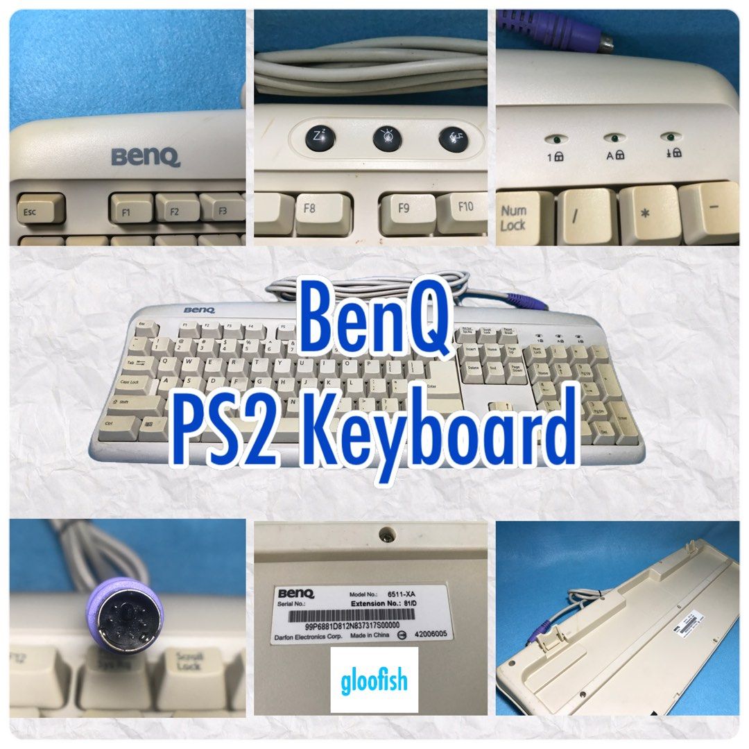 BenQ PS2 Wired Keyboard (Category: Computer Keyboard) located in Singapore. Submitted by gloofish (Listing ID 1224434277, Image 1). Description: This is a used full size keyboard (104 keys) with numeric keypad. The keyboard has changed from white to a little yellow. Suitable for data entry. All keys are in working order. Sold without an original packaging. 𝗙𝗲𝗮𝘁𝘂𝗿𝗲𝘀: ★ Adjustable typing angles ★ Light-weight ★ 1-click Sleep ★ 1-click Shut 