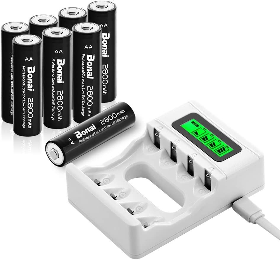 BONAI Rechargeable D Batteries w/ LCD Smart Battery Charger for