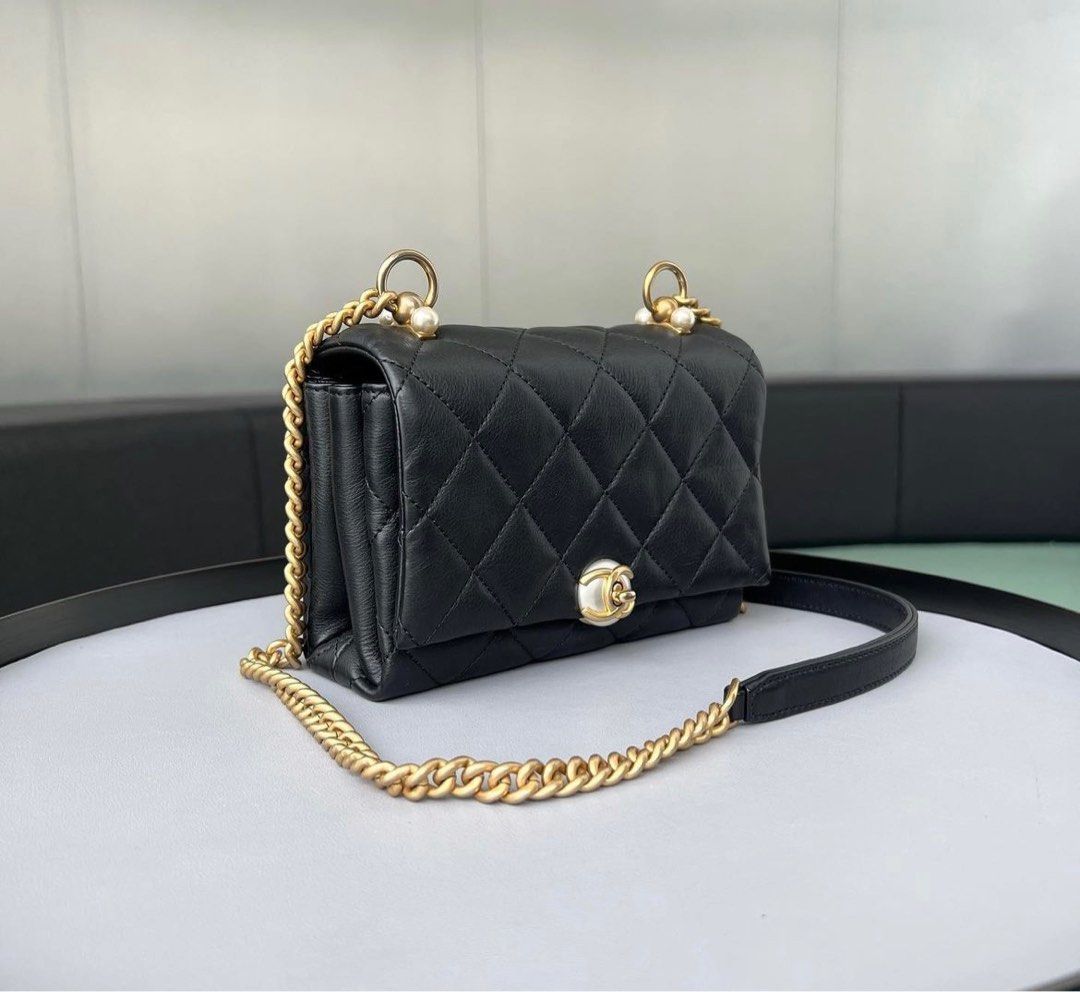 Chanel Pearl Story Flap Mini Calfskin Black / Ghw, Luxury, Bags
