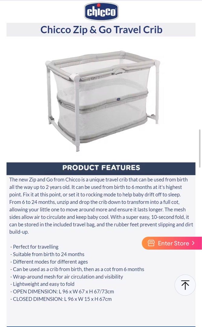 Chicco Zip Go Travel Cot Crib NB 24mos crib Cot rocking crib