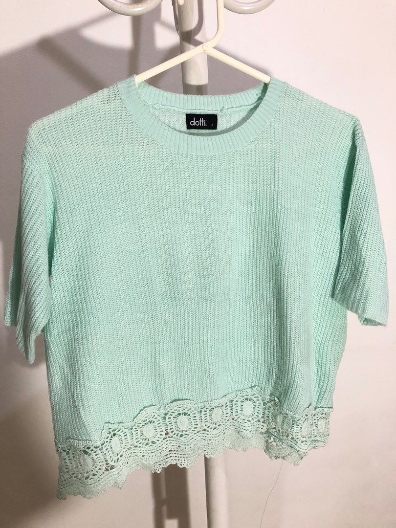 [2 for 130k] Dotti - Knit Top with Crochet-Detail (Mint Green) on Carousell