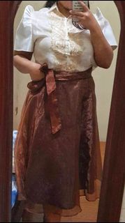 PLUS SIZE FILIPINIANA SET - WHITE TOP AND BROWN TULLE SKIRT
