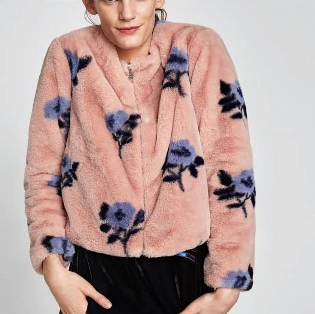 Free SF Zara Pink Floral Faux Fur Jacket Women s Fashion Coats Jackets and Outerwear on Carousell