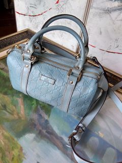 Gucci 波士頓包 肩揹斜揹手提 三用包 經典牛皮logo壓紋 天藍色 包況優 25公分寬