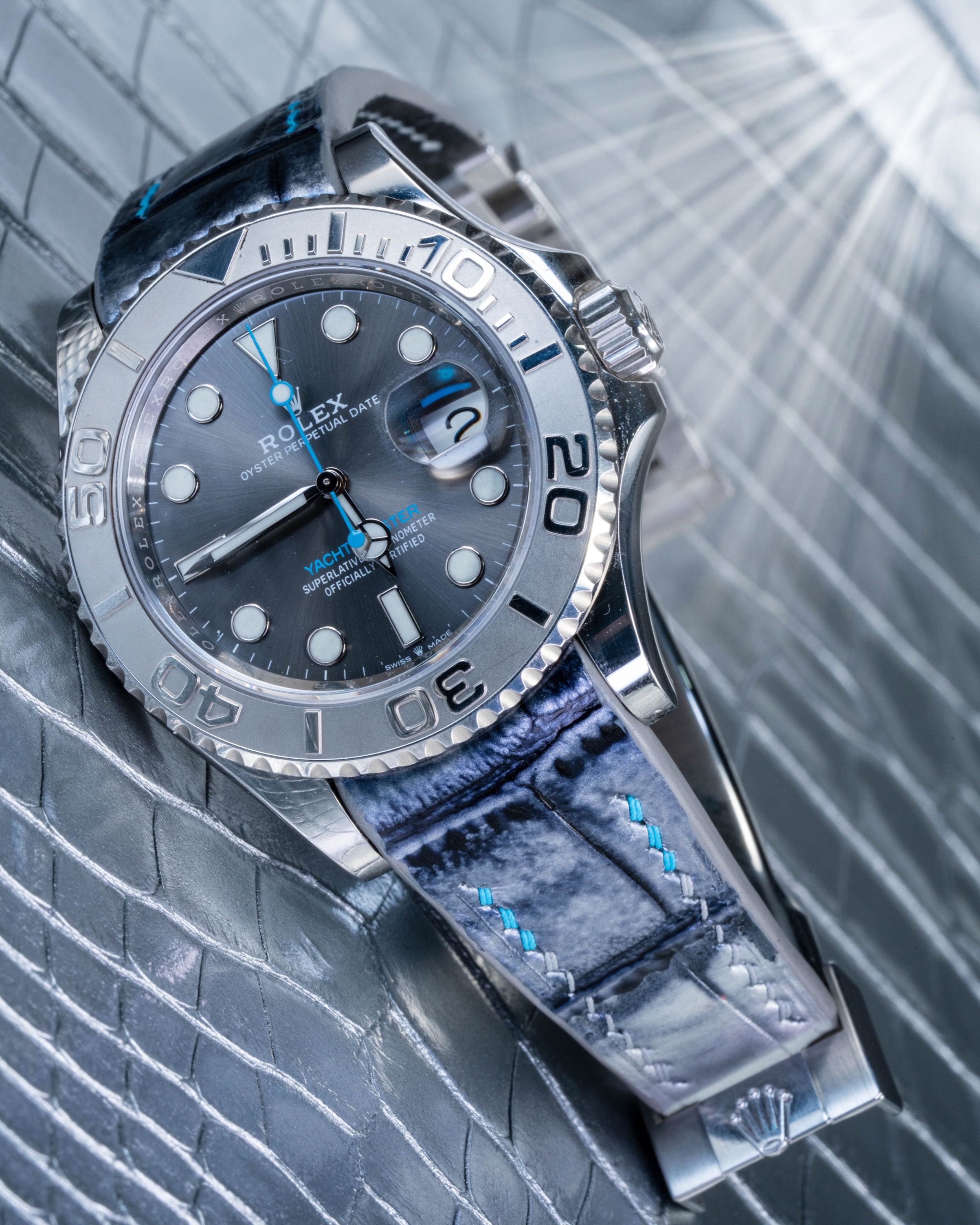 Handmade Hand stitched Watch Strap in Metallic Silver Alligator Leather For Client s Rolex Yacht Master 126622 Watch
