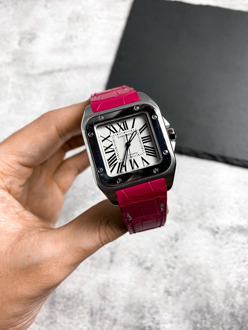 Handmade Rose Pink Extreme Alligator Leather Watch Strap for Cartier Santos 100 M