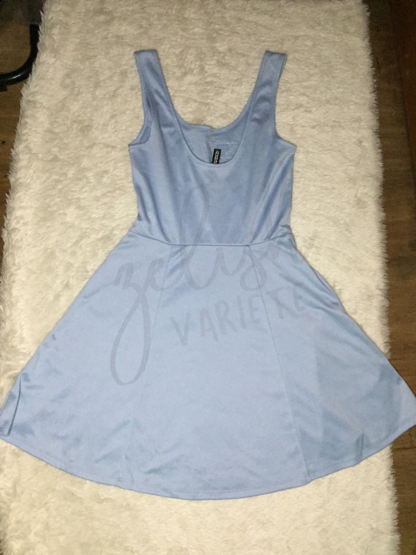 H&M (thrifted) Baby Blue Graphic Printed Skater Mini Dress, Women's