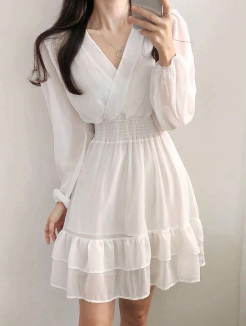 White long sleeve v neck best sale dress