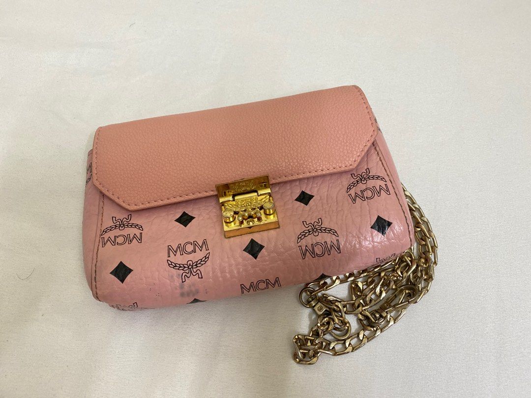 MCM Tracy Monogram Logo Wallet On Chain Crossbody Bag Pink in Leather with  Gold-tone - US