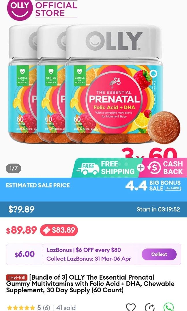 OLLY Essential Prenatal Multivitamin Gummy Supplement With FOLIC ACID