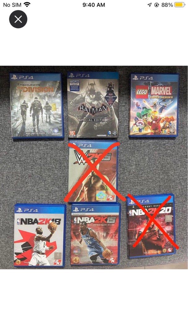 PS4 games (Category: PlayStation) located in Mandaluyong City. Submitted by mimibfly (Listing ID 1201792076, Image 1). Description: Batman Arkham Knight (Special Edition w/ steel case) - 1,000 Lego Marvel - 500 NBA 2k20 - 500 - SOLD NBA 2k18 - 300 NBA 2k15 - 300 WWE 2k15 - 300 - SOLD Tom Clancy’s The Division - 300 MOP: Gcash or BPI Grab/Lalamove (buyer’s expense).