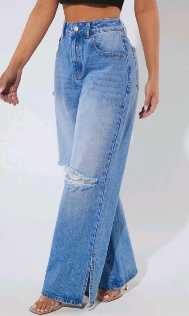 SHEIN PETITE Ripped Split Hem Wide Leg Jeans, Women's Fashion