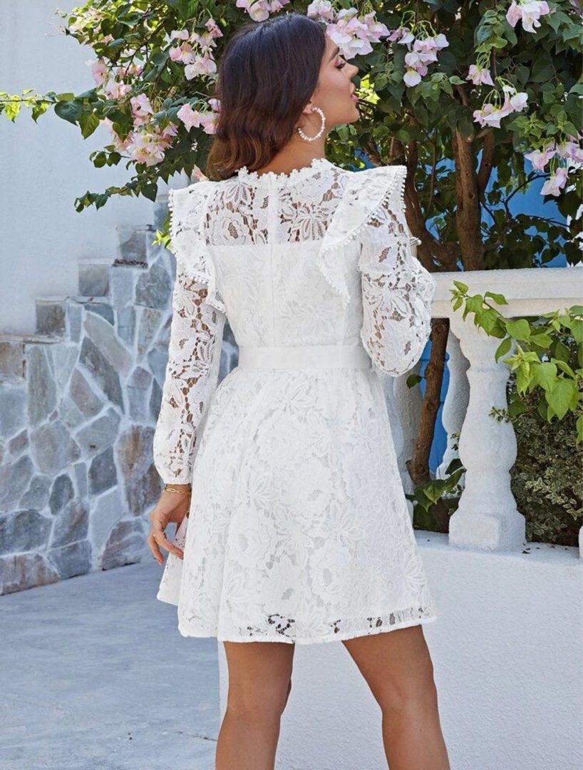 Shein White Lace Ruffle Trim Belted A line dress Women s Fashion