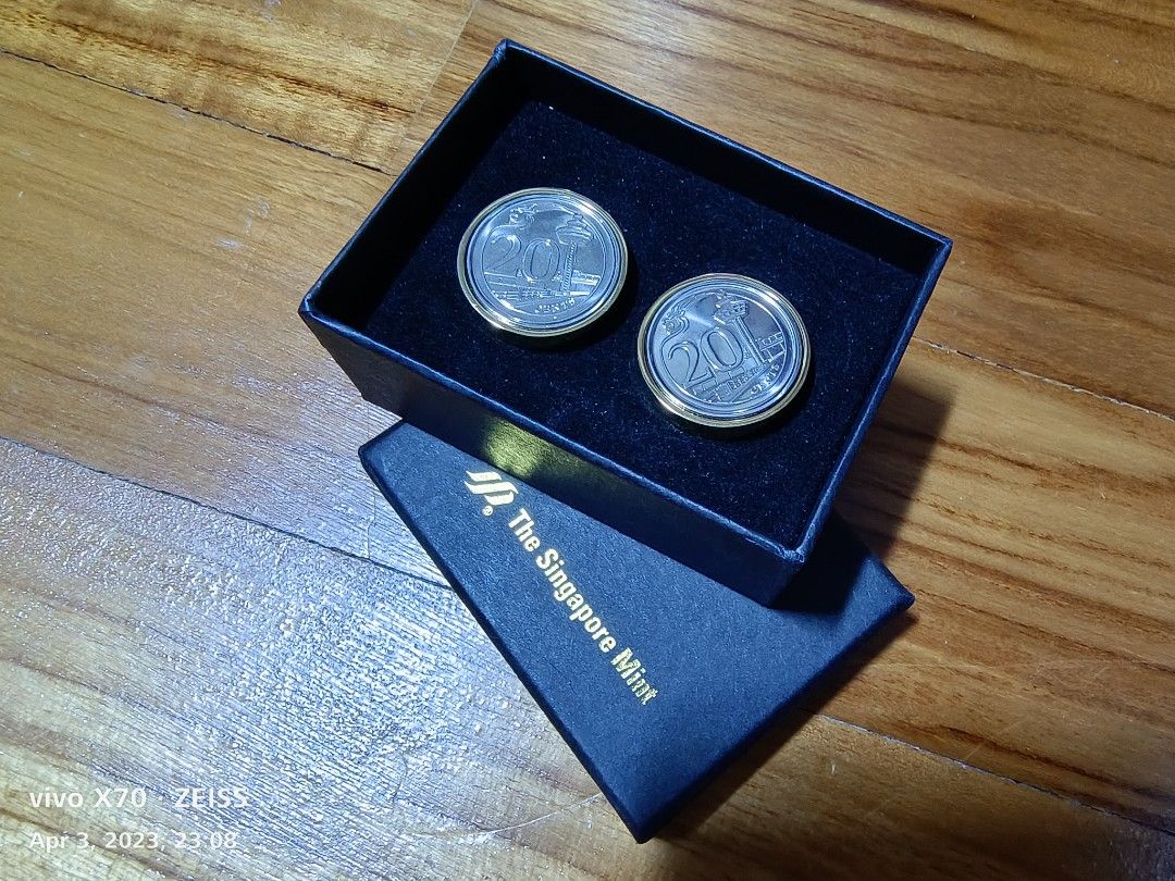 Singapore Gold coin cufflinks ,Singapore emblem,20 Cents,20mm., Men's
