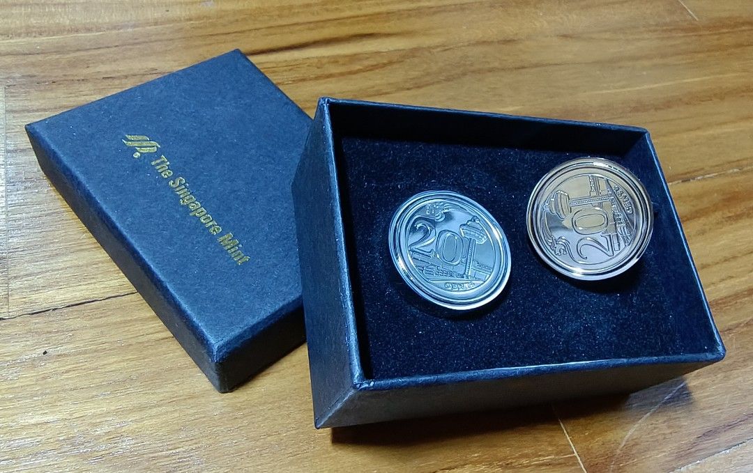 Singapore Silver coin cufflinks ,Singapore emblem, 20 Cents,20mm., Men