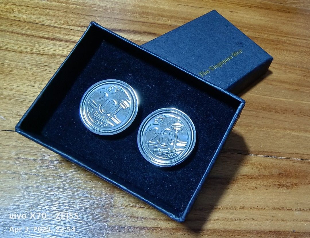 Singapore Silver coin cufflinks ,Singapore emblem, 20 Cents,20mm., Men